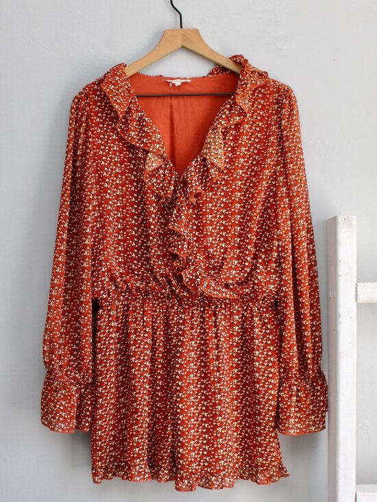 easel Pants - Easel Los Angeles Orange Geometric Ruffle Long Sleeve Romper Shorts Size Large
